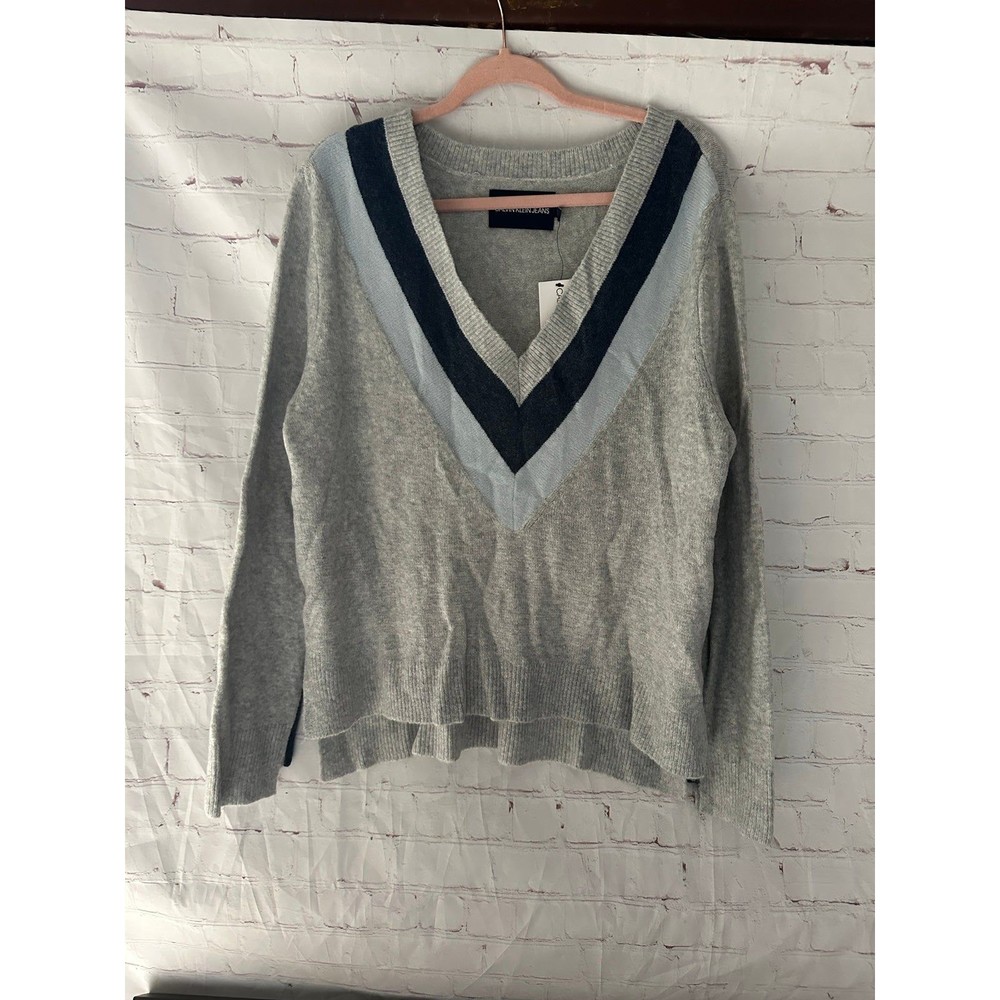 Calvin Klein Chevron Varsity Stripe V Neck Sweater L NWT